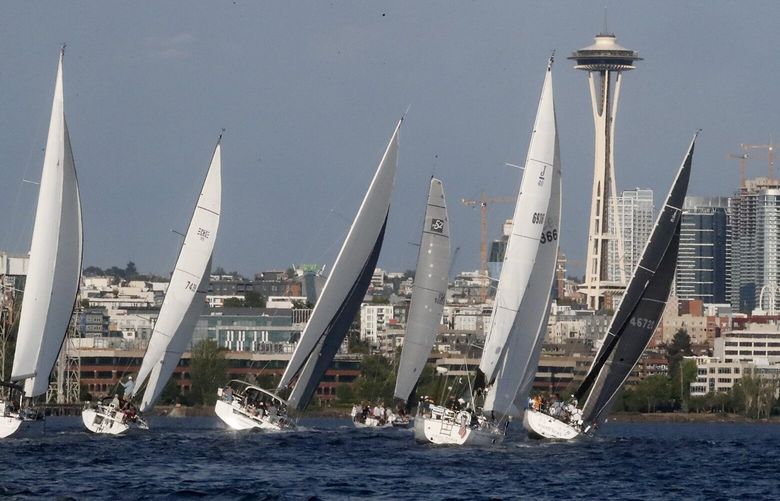 In a strong Northerly wind, more than 60 sailboats race along the Seattle waterfront in Elliott Bay, heading to the finish line. Thursday, June 22, 2023. The boats are participating in the Downtown Sailing Series, organized by Elliott Bay Marina as a way to get boat owners out on the water. The weekly sailing starts in mid-june and ends in mid-August.. Anyone with a sailboat can show up. The racing starts at 7:00pm.
LO LO LO
 224256