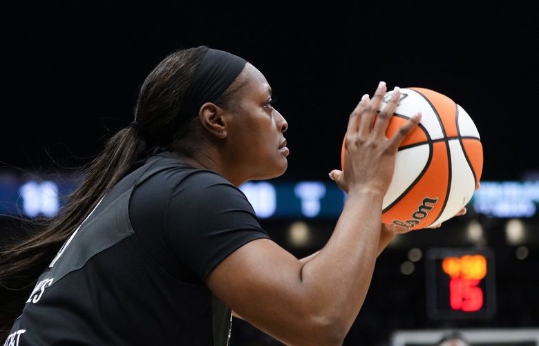 Seattle Storm forward Joyner Holmes in action during the first half of a WNBA basketball game against the Washington Mystics, Sunday, June 11, 2023, in Seattle. (AP Photo/Lindsey Wasson) OTK OTK