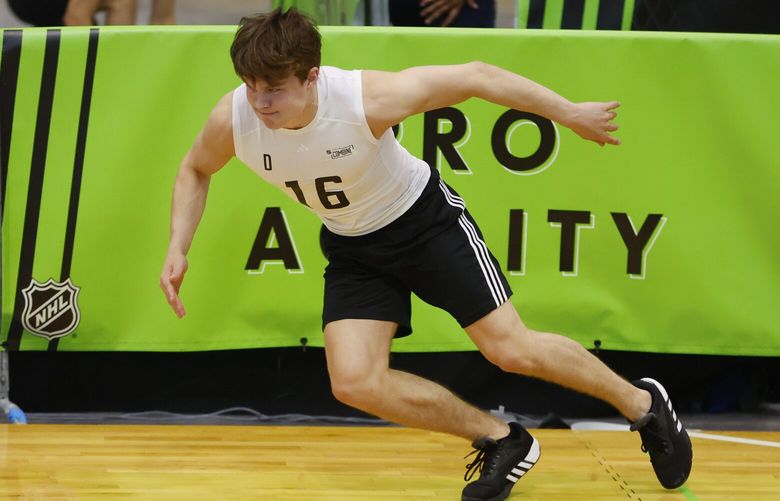 Defenseman Axel Sandin Pellikka, a top draft prospect, runs the agility course during the NHL hockey combine, Saturday, June 10, 2023, in Buffalo, N.Y. In an NHL draft class dominated by skilled forwards, and led by Connor Bedard, questions arise over who and when the first defenseman will be selected when the first round is held in Nashville on Wednesday night. The leading candidate is considered to be Austria’s David Reinbacher followed by Sweden’s Axel Sandin Pellikka. (AP Photo/Jeffrey T. Barnes, File)