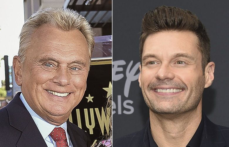 Pat Sajak attends a ceremony honoring Harry Friedman with a star on the Hollywood Walk of Fame in Los Angeles on Nov. 1, 2019, left, and Ryan Seacrest attends the Walt Disney Television 2019 upfront in New York on May 14, 2019. Seacrest will become the new “Wheel of Fortune” host after Pat Sajak’s retirement next year. Seacrest and Sony Pictures Television announced Tuesday that Seacrest has signed a multi-year deal to host the long-running game show starting with Season 42. (AP Photo) NYET203 NYET203