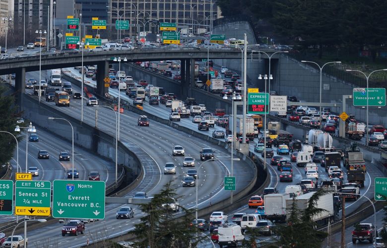 Traffic heads northbound on I-5 during the morning rush hour on Wednesday, March 15, 2023. Hump Day” takes on new meaning post pandemic, as Wednesday becomes the most congested point of the workweek. New data from late 2022 show a massive change in commute habits, as most downtown employees work at home Mondays and Fridays and go in-person midweeks.