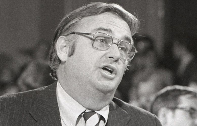 FILE – Sen. Lowell Weicker, R-Conn., tells a Senate subcommittee on April 8, 1974, in Washington, DC, that a secret task force to compile intelligence reports on President Nixon’s political enemies was set up inside the Internal Revenue Service within months of Nixon becoming president. Weicker, a Republican U.S. senator who tussled with his own party during the Watergate hearings, championed legislation to protect people with disabilities and later was elected Connecticut governor as an independent, died Wednesday, June 28, 2023, at a hospital in Middletown, Conn., after a short illness. He was 92. (AP Photo/File) NYDD203 NYDD203