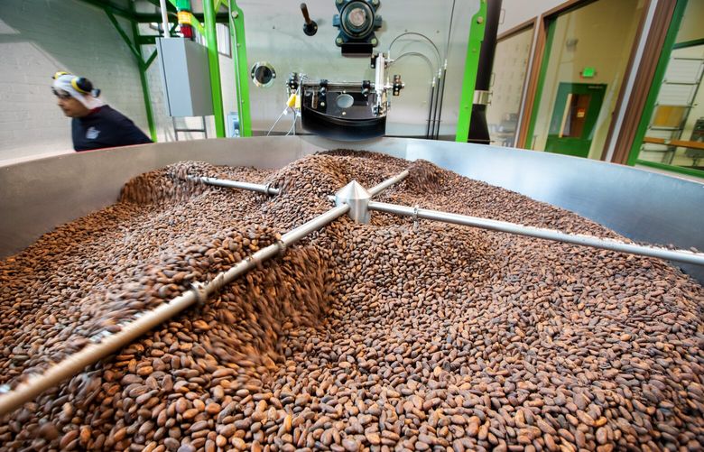 Cocoa beans are cooled after coming out of the Roaster at Theo Chocolate in Fremont. 

Photographed on October 8, 2019.  211724