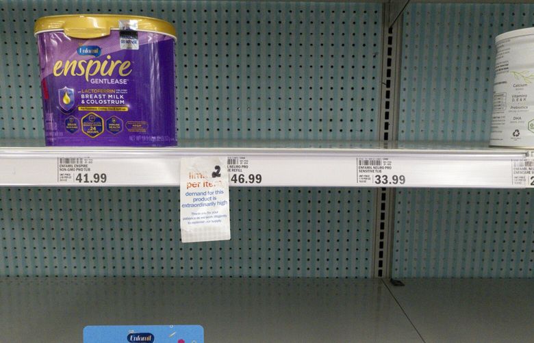 FILE – Baby formula is displayed on the shelves of a grocery store in Carmel, Ind. on May 10, 2022. U.S. health officials will start formally tracking infections caused by the rare but potentially deadly germ that sickened babies and triggered a nationwide shortage of infant formula in 2022. A group that advises the Centers for Disease Control and Prevention agreed Thursday, June 29, 2023, to add infections caused by cronobacter to the list of serious conditions reported to the agency. (AP Photo/Michael Conroy, File) NY402 NY402