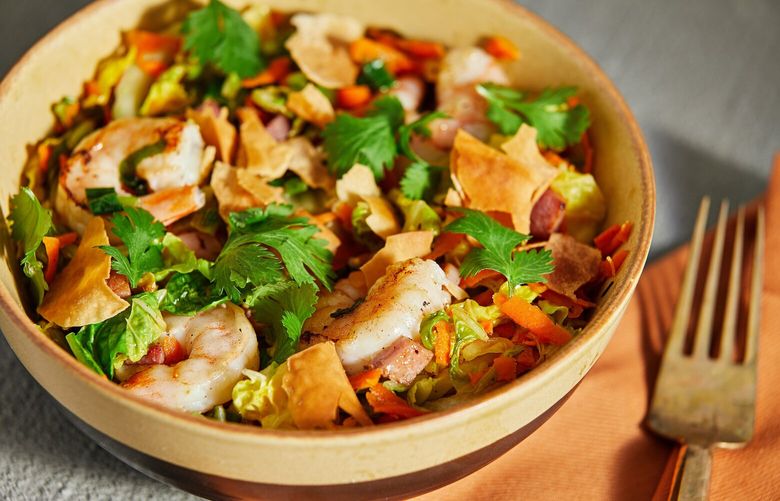 Shrimp spring rolls inspired these crunchy dinner bowls. MUST CREDIT: Photo for The Washington Post by Tom McCorkle