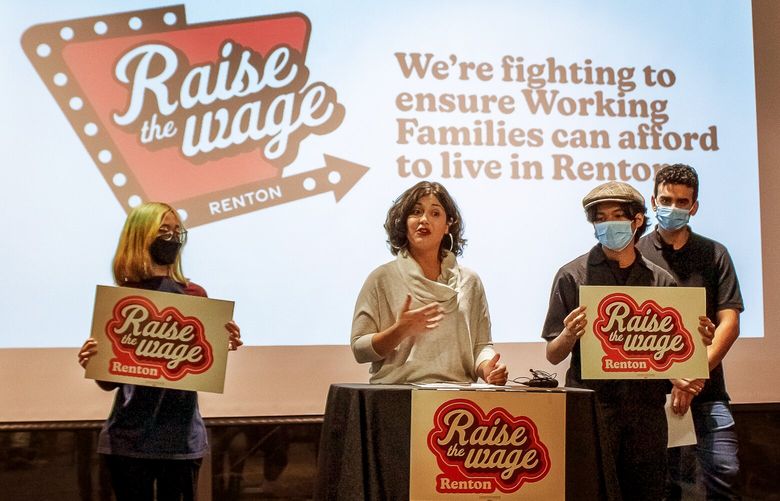 Raise the Wage Renton organizers announce their campaign to raise the city’s minimum wage at a press conference at the King County Library System Renton branch Jan. 18. (Livey Beha / Raise The Wage Renton Campaign