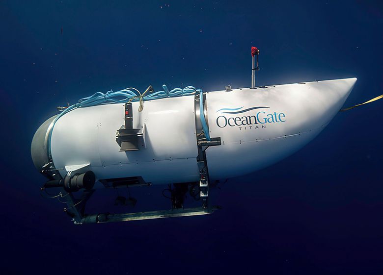 This photo provided by OceanGate Expeditions shows a submersible vessel named Titan used to visit the wreckage site of the Titanic. In a race against the clock on the high seas, an expanding international armada of ships and airplanes searched Tuesday, June 20, 2023, for the submersible that vanished in the North Atlantic while taking five people down to the wreck of the Titanic. (OceanGate Expeditions via AP) NYPS209 NYPS209