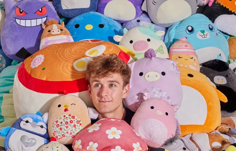 Carter Kench with his collection of squishmallows at his home in Los Angeles. (Photo for The Washington Post by Maggie Shannon)