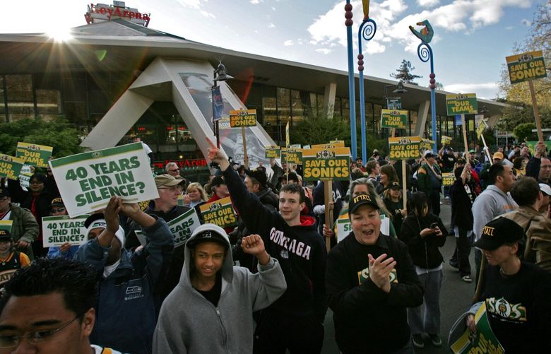 Seattle, Wa., April 18, 2007
Seattle Sonics versus Dallas Mavericks at Key Arena.
About 200 fans gathered outside of Key Arena before the game for a rally to support the Sonics staying in Seattle.  0401577743