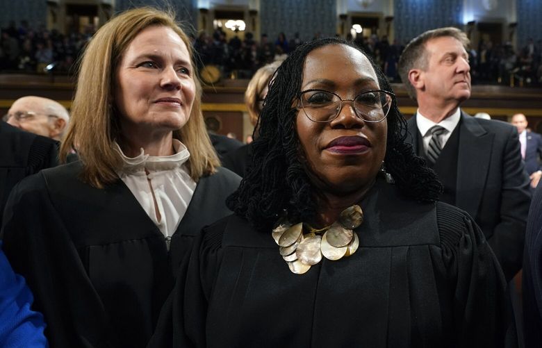 Supreme Court Justice Amy Coney Barrett and Justice Ketanji Brown Jackson watch after President Joe Biden delivered the State of the Union address to a joint session of Congress at the Capitol, Tuesday, Feb. 7, 2023, in Washington. (Jacquelyn Martin, Pool)