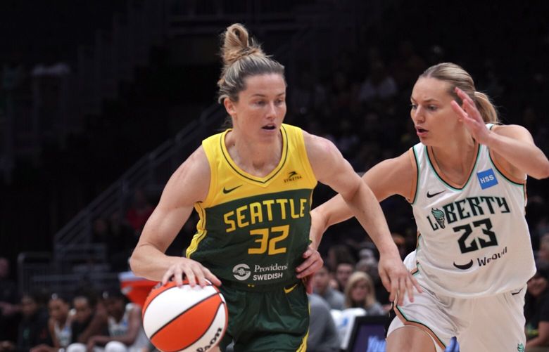 The Seattle Storm’s Sami Whitcomb drives against the New York Liberty’s Marine Johannes during the Storm’s 81-66 loss to the Liberty Sunday, July 2, in Seattle.