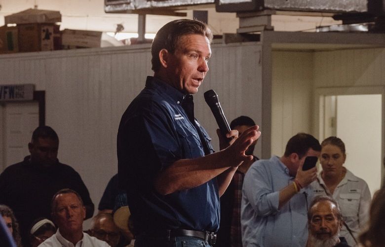 Republican presidential candidate Gov. Ron DeSantis of Florida delivers remarks during a campaign event near the U.S. border with Mexico, in Eagle Pass, Texas, June 26, 2023. DeSantis has claimed that Disney is seeking “to rob our children of their innocence.” (Christopher Lee/The New York Times)