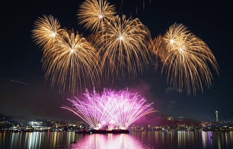 Fireworks light up the sky over Lake Union, seen from Gas Works Park in Seattle, for the Seafair Summer Fourth on Tuesday.
 224339