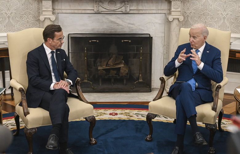 President Joe Biden holds a bilateral meeting with Prime Minister Ulf Kristersson of Sweden, in the Oval Office of the White House in Washington, July 5, 2023. (Kenny Holston/The New York Times) XNYT0252 XNYT0252