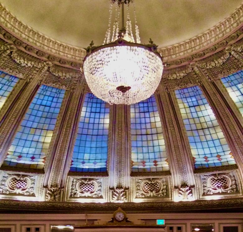 THE ARCTIC CLUB BUILDING: The most significant feature remains the 60-foot-square Northern Lights dining room, surmounted by a stained-glass dome, with the walls and ceiling ornamented with fruit and vegetable friezes. (Lawrence Kreisman)