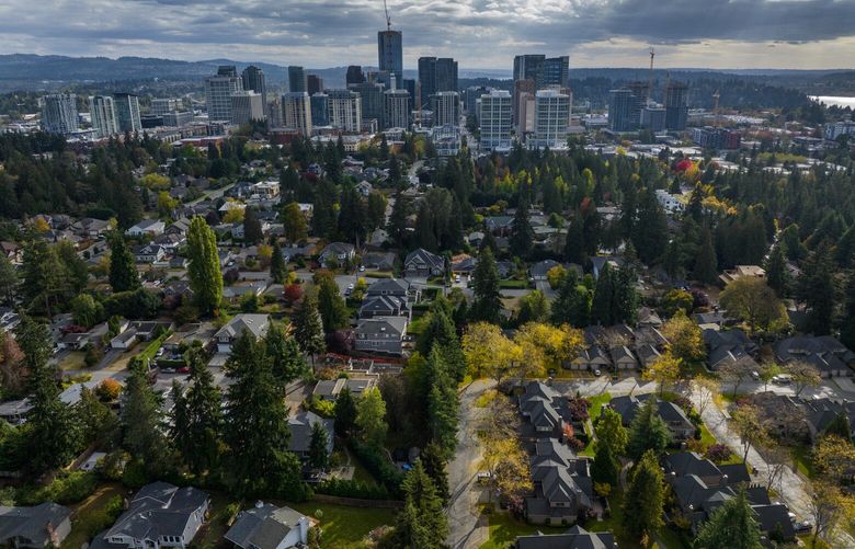 Single family homes north of downtown Bellevue are seen from the air, Thursday, Oct. 27, 2022. This is an overall photo not representing any particular census tract for the FYI Guy’s look at Bellevue and differences between its neighborhoods along five demographic data points.