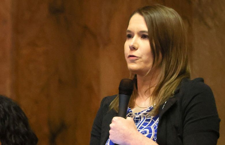 Rep. Lauren Davis, D-Shoreline speaks passionately during a special session to figure out how much to punish drug possession on Tuesday, May 16, 2023, in Olympia, Washington. Without action, Washington’s drug possession law will expire July 1, leaving no penalty in state law and leaving cities free to adopt a hodgepodge of local ordinances. 223826 223826