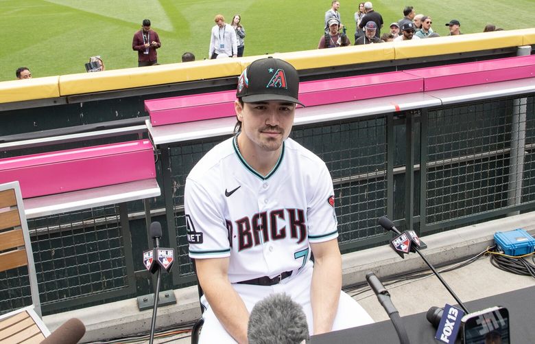 Arizona Diamondbacks rookie Corbin Carroll Monday, July 10, 2023, during MLB’s All-Star Game press conference at T-Mobile Park in Seattle.