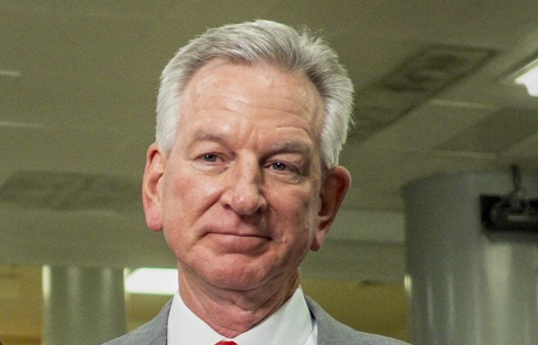 **EMBARGO: No electronic distribution, Web posting or street sales before MONDAY 3:01 A.M. ET JULY 10, 2023. No exceptions for any reasons. EMBARGO set by source.** FILE — Sen. Tommy Tuberville (R-Ala.) speaks to the media following a classified briefing about the shooting down of unidentified airborne objects over U.S. airspace, in Washington, on Feb. 14, 2023. The Alabama Republican’s bid to force the Pentagon to drop a policy ensuring access to abortion services for personnel could leave the Joint Chiefs of Staff with more temporary occupants than it has ever faced. (Pete Marovich/The New York Times) XNYT0318 XNYT0318