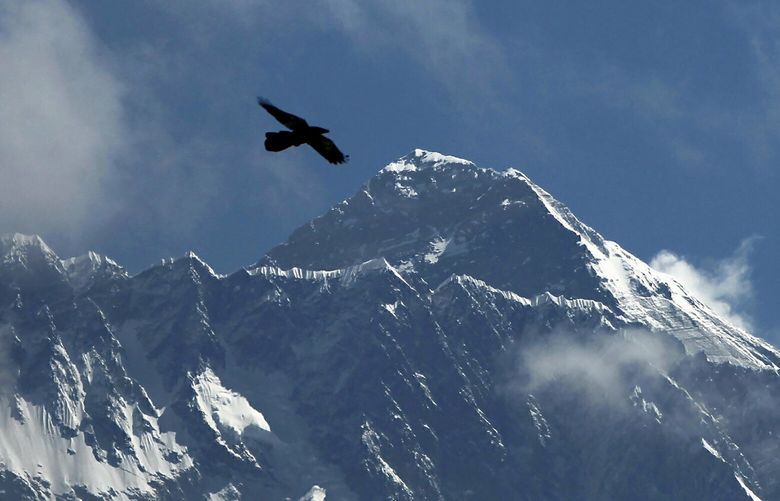 FILE – A bird flies with Mount Everest seen in the background from Namche Bajar, Solukhumbu district, Nepal, May 27, 2019. A helicopter flying out of the Mount Everest area in Nepal carrying foreign tourists was missing Tuesday and contact was lost with the aircraft. The helicopter was carrying five foreign tourists on a sightseeing tour to the world’s highest peak and was returning to the capital, Kathmandu, on Tuesday morning. (AP Photo/Niranjan Shrestha, File) NEH101 NEH101