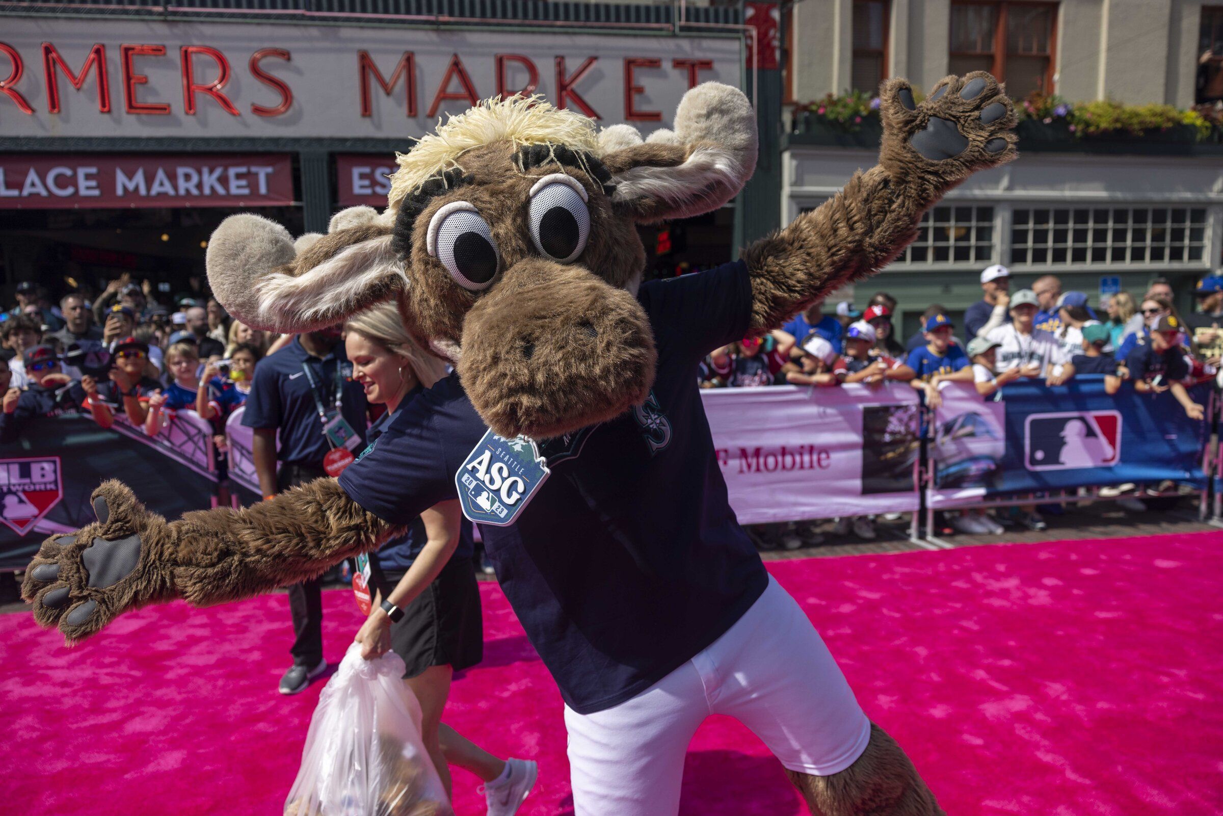 The Mariner Moose, mascot of the Seattle Mariners, poses during