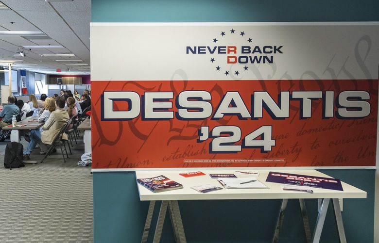 Attendees from across the country are attending training sessions at the offices of Never Back Down, a super PAC that is backing Florida Gov. Ron DeSantis (R) on June 15, 2023 in West Des Moines, Iowa. MUST CREDIT: Photo for The Washington Post by Kathryn Gamble.