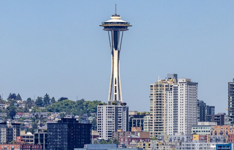 The Space Needle as seen from the waters of Elliott Bay in Seattle, Washington on Friday afternoon on May 26, 2023.