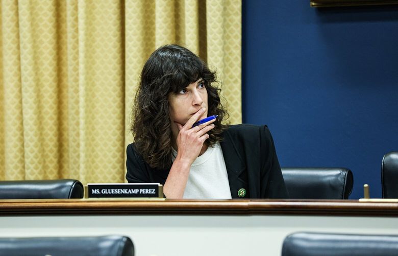 Rep. Marie Gluesenkamp Perez (D-Wash.) during a House Committee on Small Business hearing in Washington, July 19, 2023. Perez’s automobile repair business has become a target of online trolls on the left after she opposed President Biden’s student loan forgiveness initiative. (Valerie Plesch/The New York Times) XNYT0026 XNYT0026