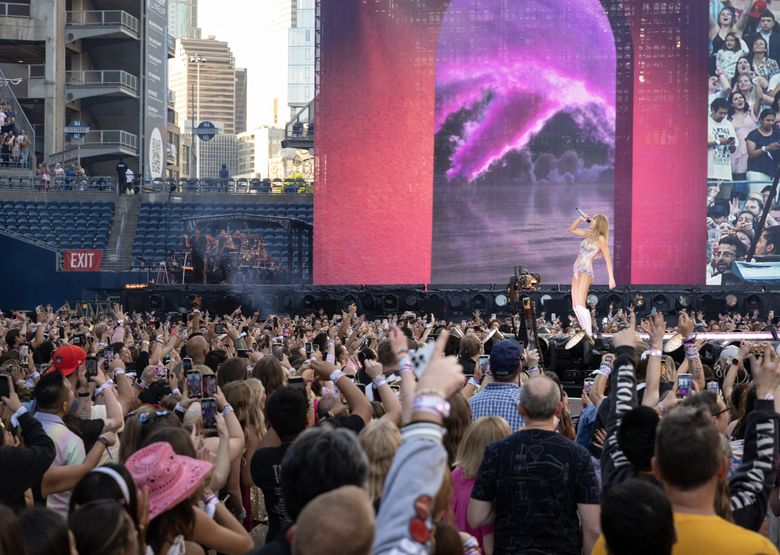 Taylor Swift played hits from across her discography Saturday in Seattle, covering nine of her 10 albums in more than 40 songs. The show lasted about three and a half hours. (Luke Johnson / The Seattle Times)