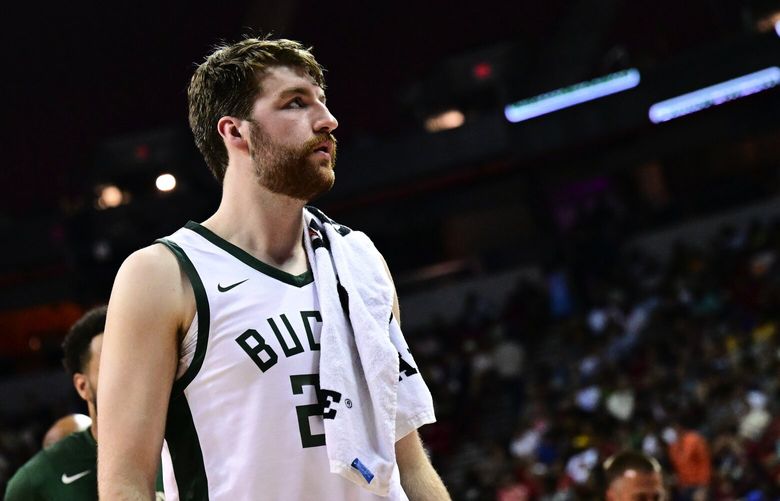 Milwaukee Buck’s Drew Timme pauses against the Denver Nuggets during an NBA Summer League game on Friday, July 7, 2023, at the Thomas & Mack Center in Las Vegas, Nev.
