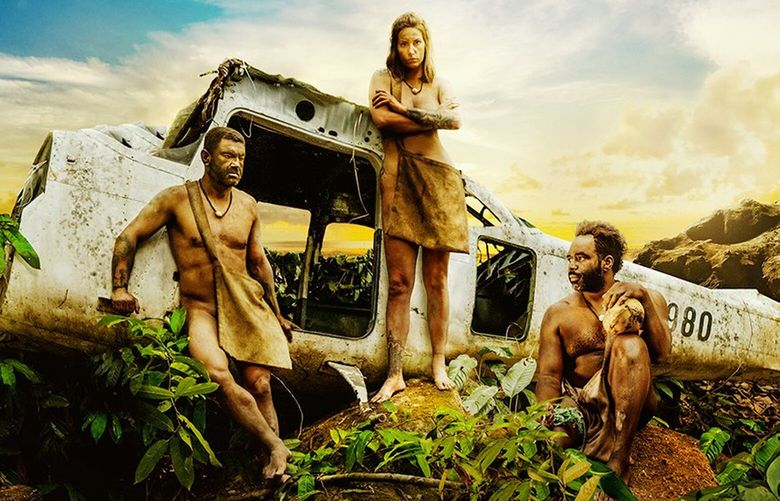 Bulent Gurcan, from left, Kerra Bennet and Na’im McKee in promotional art for “Naked and Afraid: Castaways.”