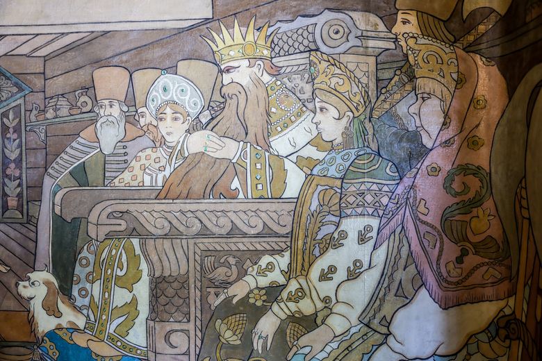 RUSSIAN SAMOVAR RESTAURANT: Murals covering the walls of Cook Weaver (formerly the Russian Samovar) are based upon artist Ivan Bilibin’s fairy tale illustrations for a series of children’s books published between 1899 and 1905. (Kevin Clark / The Seattle Times)