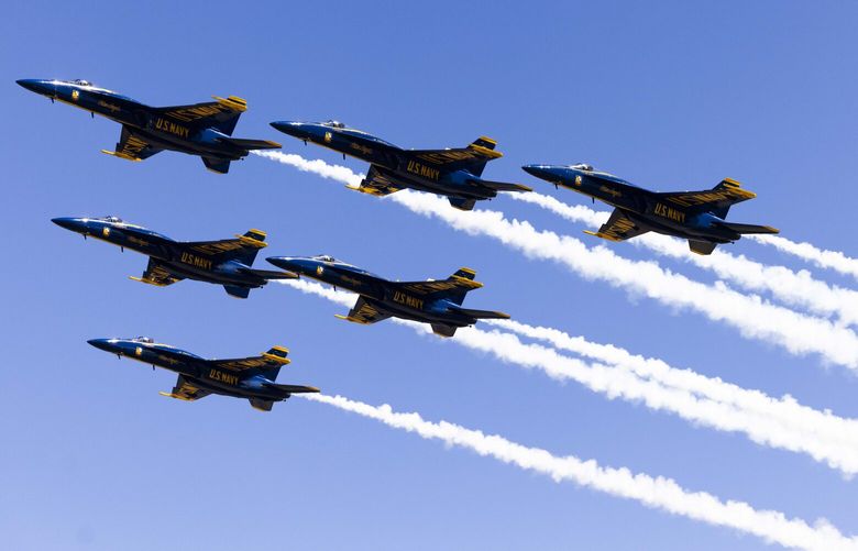 The Blue Angels do a flyover near the Museum of Flight  before preparing to land on Boeing Field on Aug. 2, 2023.