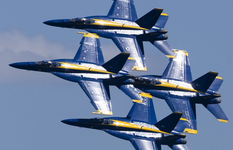 The United States Navy’s Blue Angels demonstrate during a practice flight over Seattle on Aug. 3, 2023.