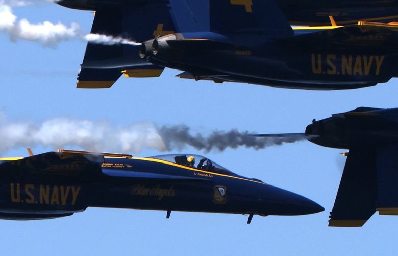 The United States Navy’s Blue Angels #1-#4 Practice Flight over Lake Washington seen from Mercer Island in Seattle on Thursday, August 3, 2023. Its part of of the Seafair Festival. 224607