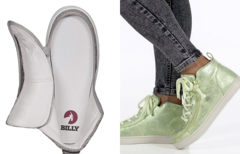 This combination of photos show adaptive shoes by Billy Footwear. More companies are offering adaptive wear and accessories. (Billy Footwear via AP). 