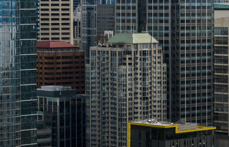 A cluster of buildings in Seattle’s South Lake Union neighborhood on April 5, 2023.
