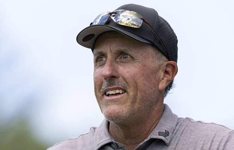 Captain Phil Mickelson of HyFlyers GC seen on the 18th hole during the first round of LIV Golf Greenbrier at the The Old White at The Greenbrier on Friday, Aug. 4, 2023, in White Sulfur Springs, West Virginia. (Scott Taetsch/LIV Golf via AP) NY158 NY158