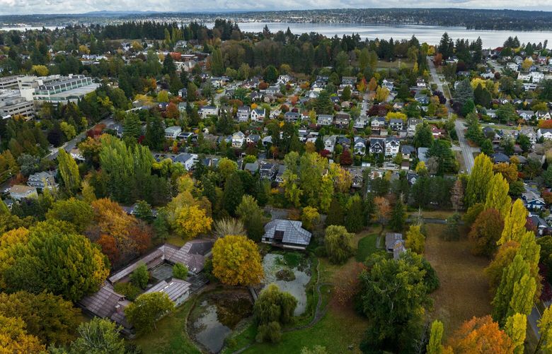 Redevelopment at Talaris, seen in the foreground from the air, Tuesday, Nov. 1, 2022 in Seattle’s Laurelhurst neighborhood, is back on the table. In the background is Lake Washington.