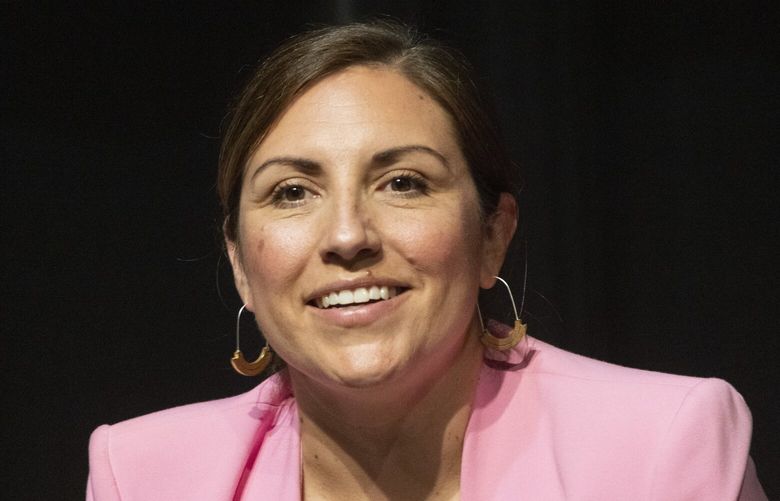 Seattle City Councilmember Teresa Mosqueda, a candidate in King County’s District 8, speaks at a debate at a 2023 A&NH/PI Primary Candidate Forum held at the Wing Luke Museum in Seattle Thursday, July 20, 2023. 224502