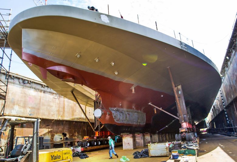 The ferry Chimacum undergoes final assembly at the Vigor Shipyard in Seattle. It was the third of four Olympic-class state ferries built. (Mike Siegel / The Seattle Times, 2018)
