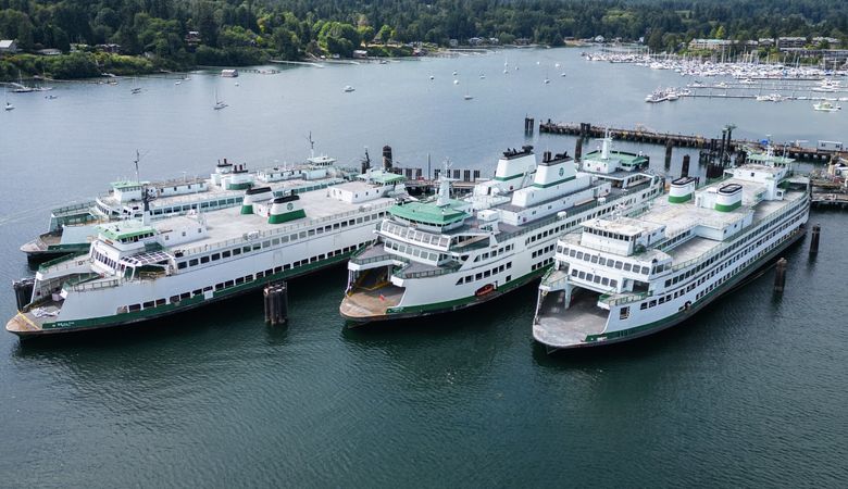 Vessels in the Washington State Ferries system undergo work at the Eagle Harbor Maintenance Facility on Bainbridge Island. (Kevin Clark / The Seattle Times)