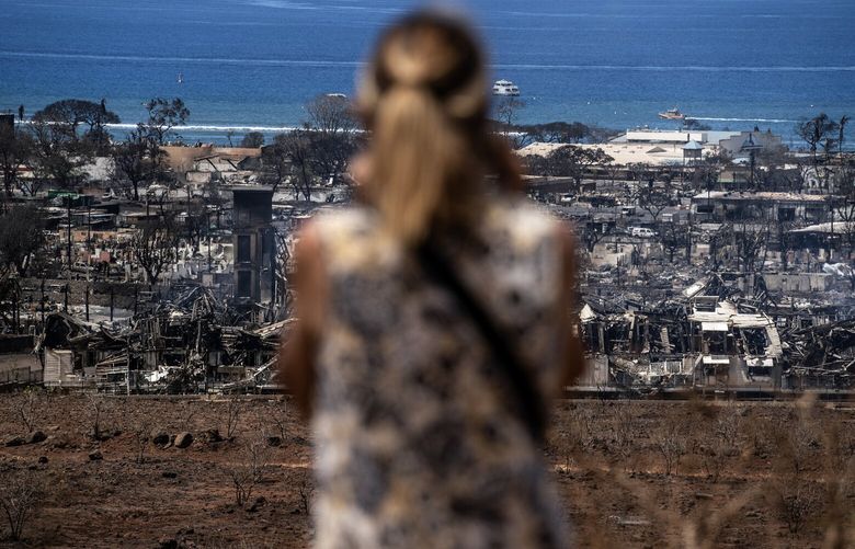 A woman surveys the widespread destruction in Lahaina, Hawaii, on Friday, Aug. 11, 2023. The search for people killed in the wildfire, and the effort to identify the 96 found so far, has moved slowly. (Go Nakamura/The New York Times)