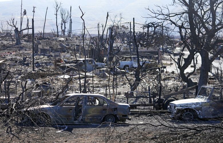 Destroyed homes and cars are shown, Sunday, Aug. 13, 2023, in Lahaina, Hawaii. Hawaii officials urge tourists to avoid traveling to Maui as many hotels prepare to house evacuees and first responders on the island where a wildfire demolished a historic town and killed dozens. (AP Photo/Rick Bowmer) HIRB721 HIRB721