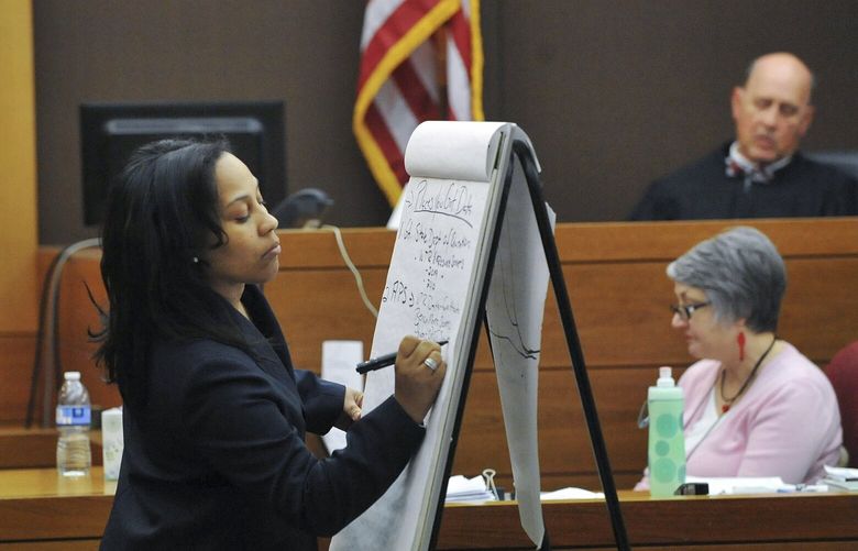 FILE – Fulton County Chief Senior Assistant District Attorney Fani Willis takes notes while questioning University of Michigan professor Brian Jacob, a statistical analysis expert, as he testifies in a case against a group of Atlanta public school educators accused in a scheme to inflate students’ standardized test scores in Fulton County Superior Court, Ga., Feb. 10, 2015. Willis’ most prominent case as an assistant district attorney was a RICO prosecution against the group of educators. After a seven-month trial, a jury in April 2015 convicted 11 of them on the racketeering charge. (Kent D. Johnson/Atlanta Journal-Constitution via AP, File) GAATJ202 GAATJ202