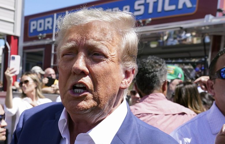Republican presidential candidate former President Donald Trump speaks as he visits the Iowa State Fair, Saturday, Aug. 12, 2023, in Des Moines, Iowa. (AP Photo/Charlie Neibergall) IACN123 IACN123