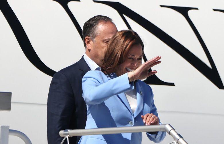 U.S. Vice President Kamala Harris and First Gentleman Doug Emhoff arrive at Boeing Field in Seattle on Tuesday, August 15, 2023. She is expected to deliver remarks later in the day about the Inflation Reduction Act (IRA) being signed into law.
