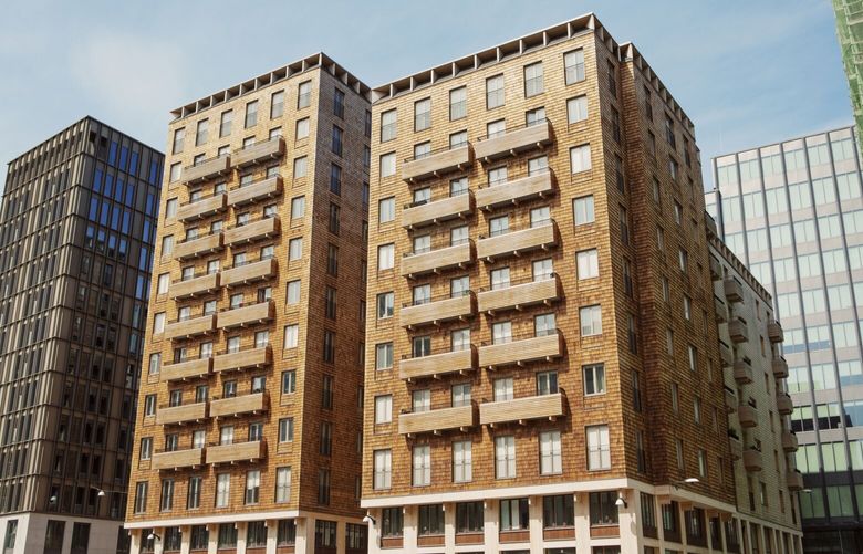 The Cederhusen development is Stockholm’s first large apartment block to include large amounts of cross-laminated timber, a mass timber component. Photographer: Erika Gerdemark/Bloomberg