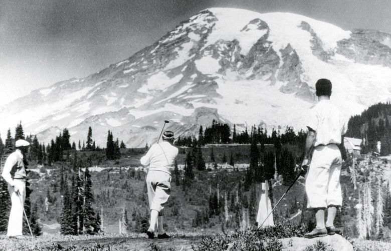 Three golfers tee off at hole #6 in 1931 at the short-lived Paradise Golf Course at Mount Rainier.