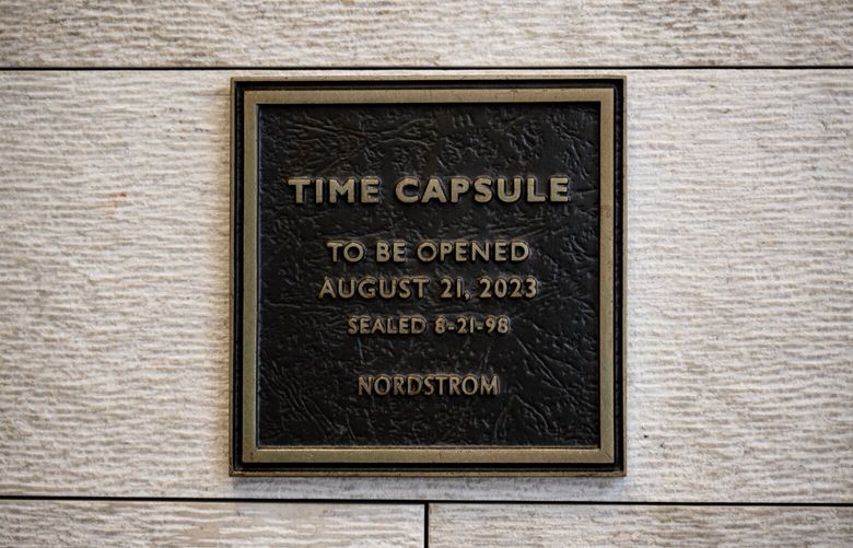 The hole in which the time capsule was sealed in the walls 25 years ago Monday, Aug. 21, 2023, at Nordstrom’s flagship location in Seattle.